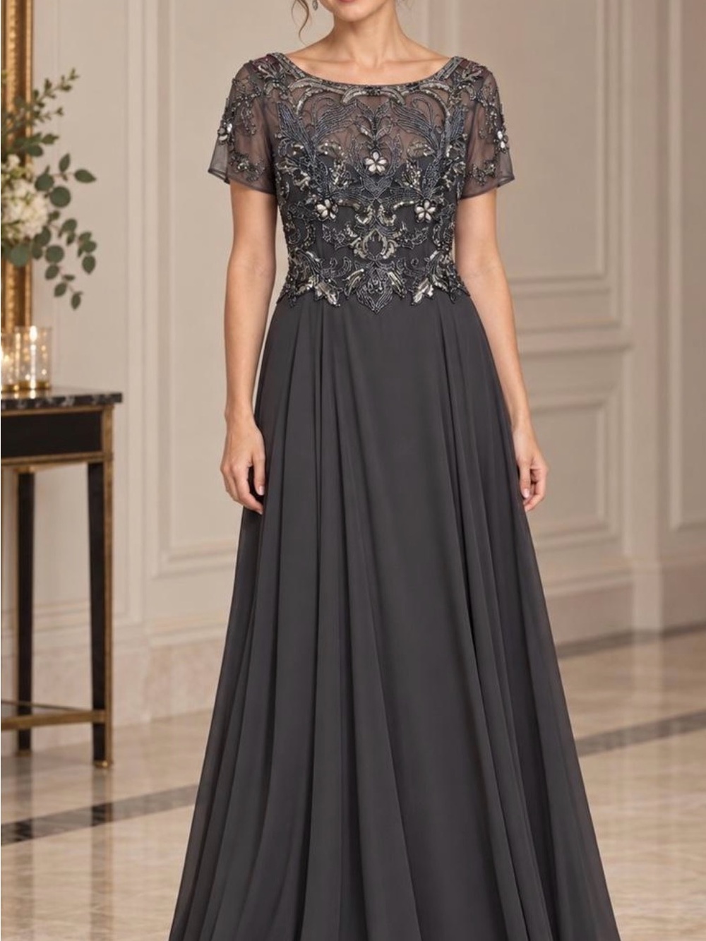 Xscape Slate Gray Embellished Chiffon Gown size 8P
